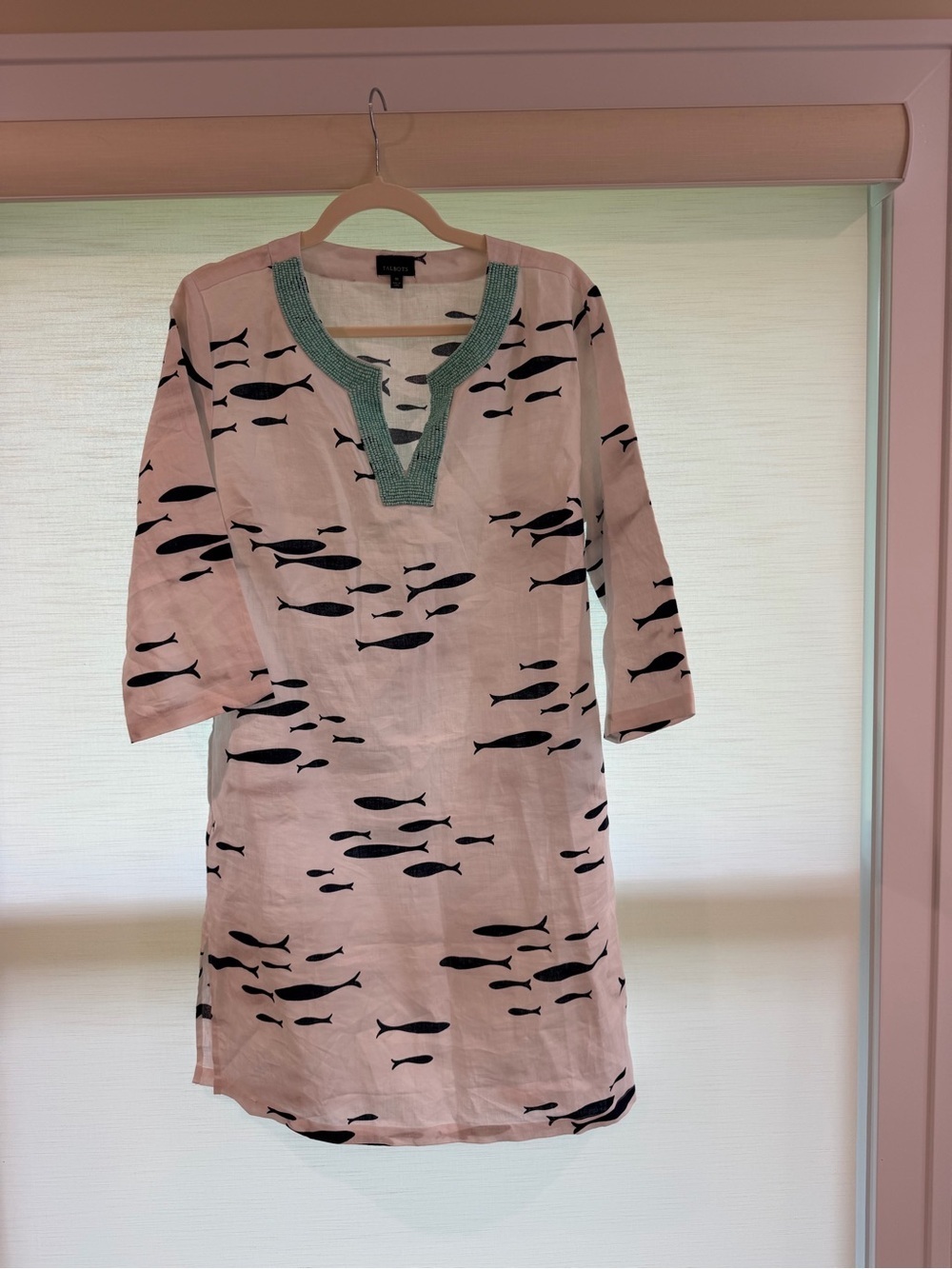 Talbots White Fish-Print V-Neck Swim Coverup with Green Trim size medium